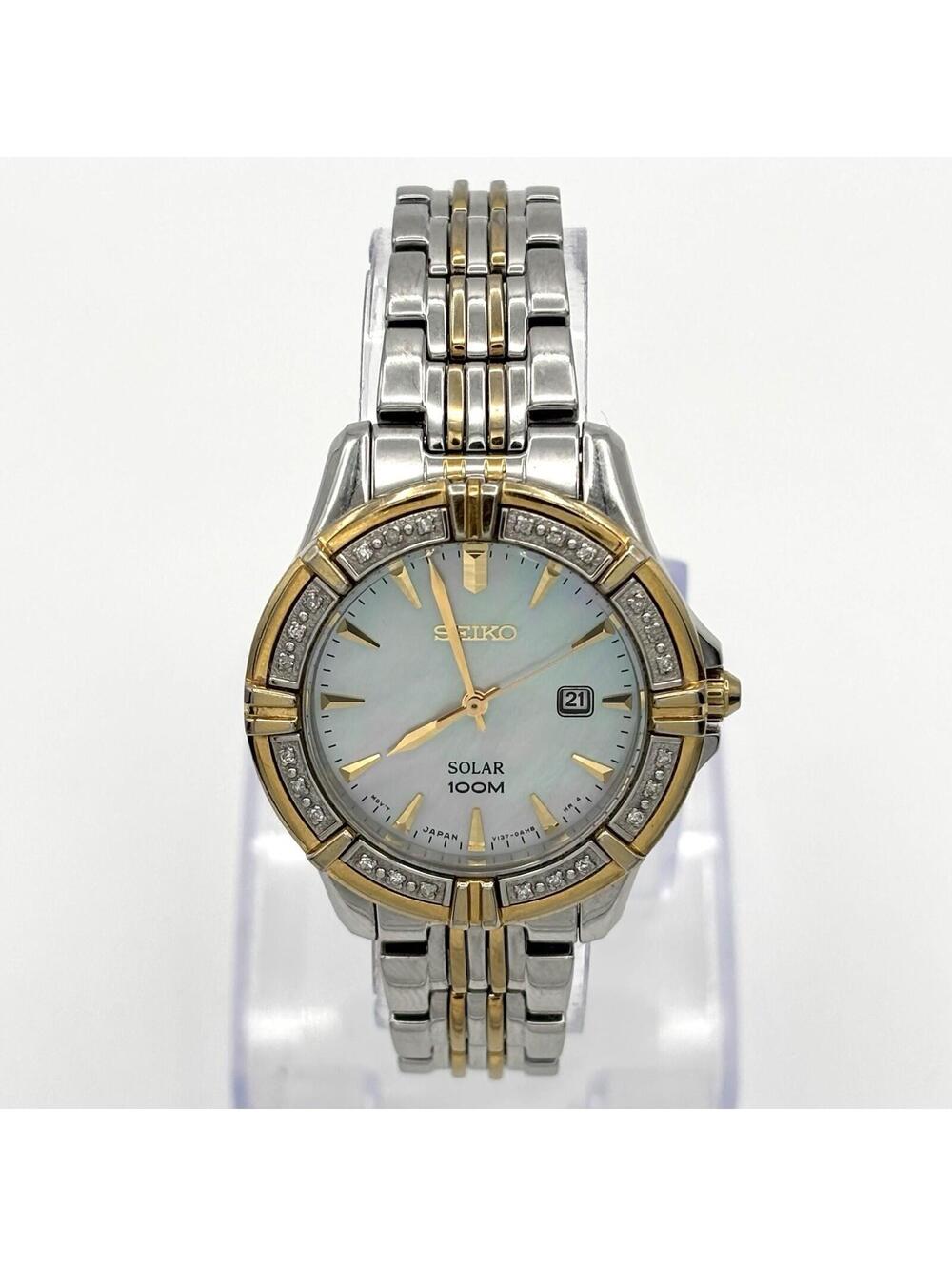 Seiko Solar SUT072 Two-Tone Mother Of Pearl Diamond Accent Bezel Ladies Watch